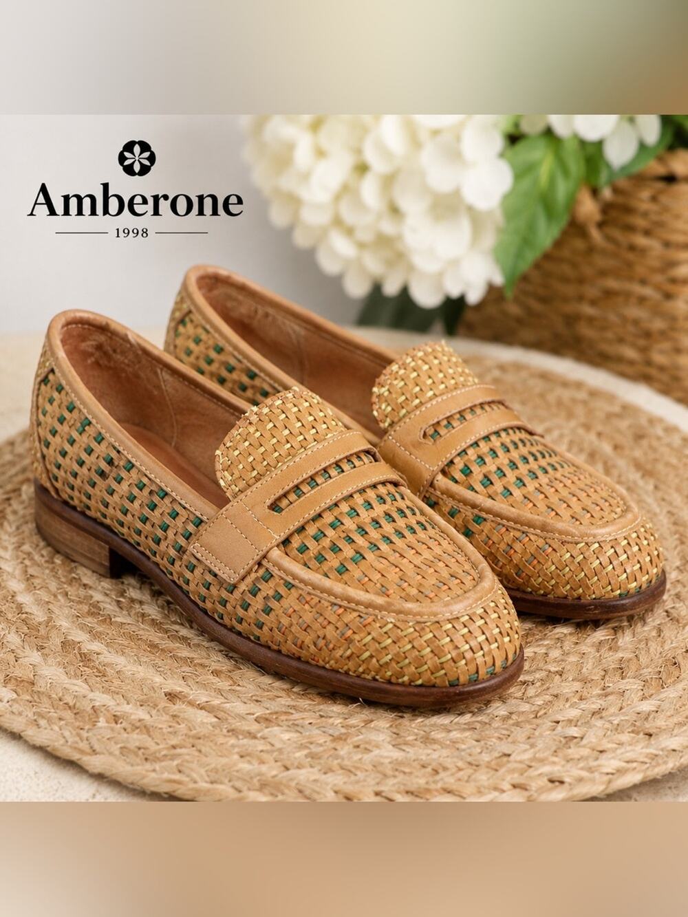 Amberone Woven Leather Loafers – Tan Multicolor Basketweave – Size 36 1/2 US 6